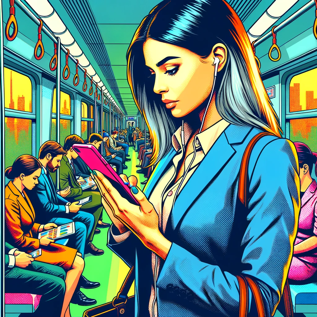 電車でチャートをチェックする女性